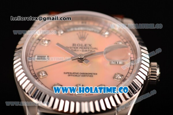 Rolex Day-Date Asia 2813/Swiss ETA 2836/Clone Rolex 3135 Automatic Steel Case with Diamonds Markers and Orange MOP Dial (BP) - Click Image to Close